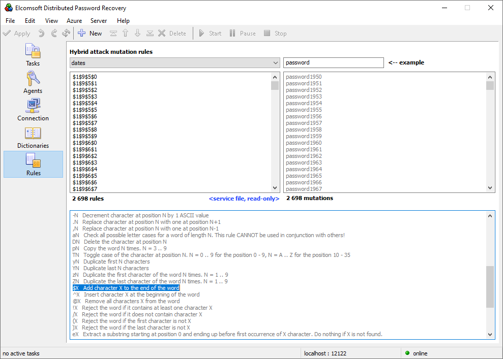 Elcomsoft Distributed Password Recovery. Hybrid rules editor.