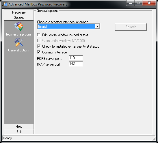 Advanced Mailbox Password Recovery program settings