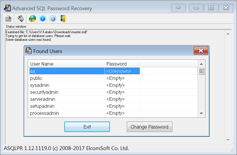 Advanced SQL Password Recovery Main Window