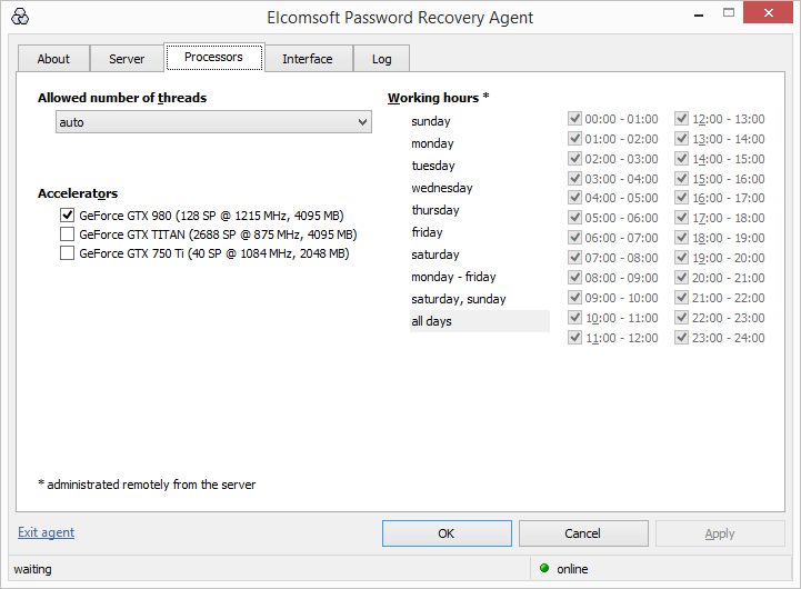 Elcomsoft Distributed Password Recovery configuring hardware utilization